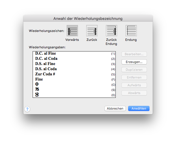 Dialogbox Anwahl der Wiederholungsbezeichnung